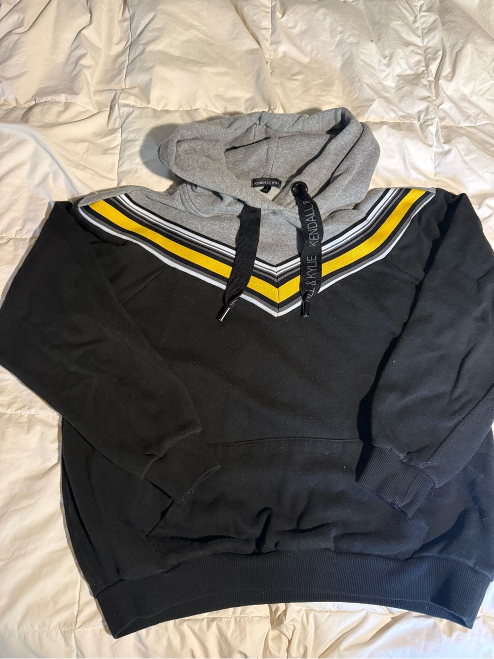 Kendall & Kylie Black Hoodie with Gray Hood and Yellow Chevron